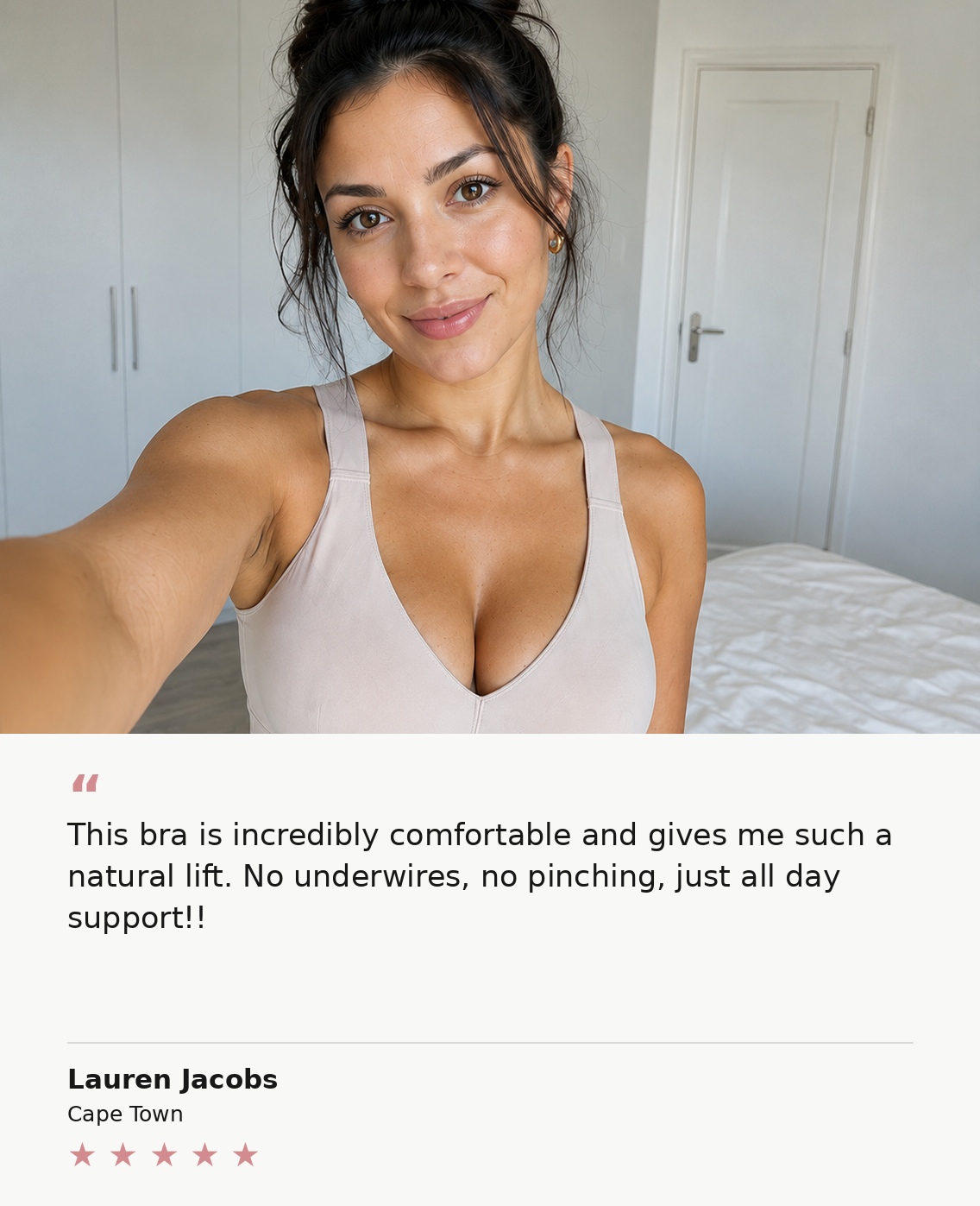 Moodie customer in a white wireless bra
