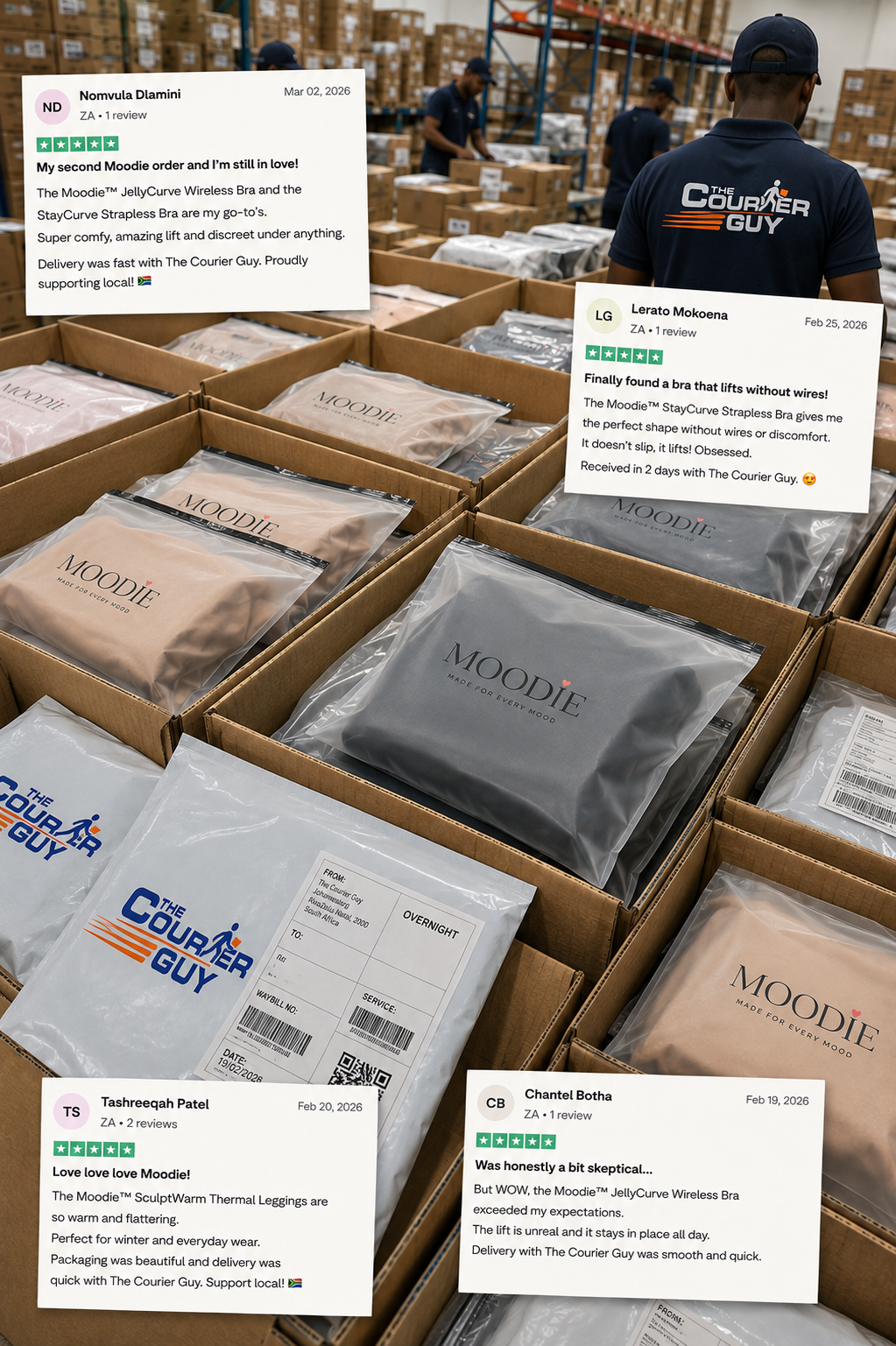 Moodie orders packed into courier boxes at the Springfield, Durban warehouse