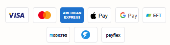 Accepted payment methods: Visa, Mastercard, American Express, Apple Pay, Google Pay, EFT, Mobicred, Zapper and Payflex