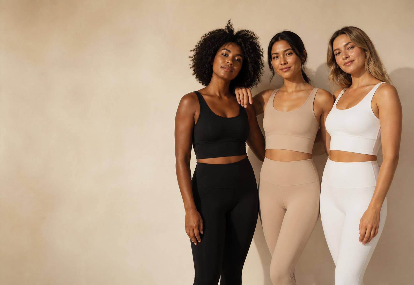 Three women wearing Moodie comfortwear in black, nude and white